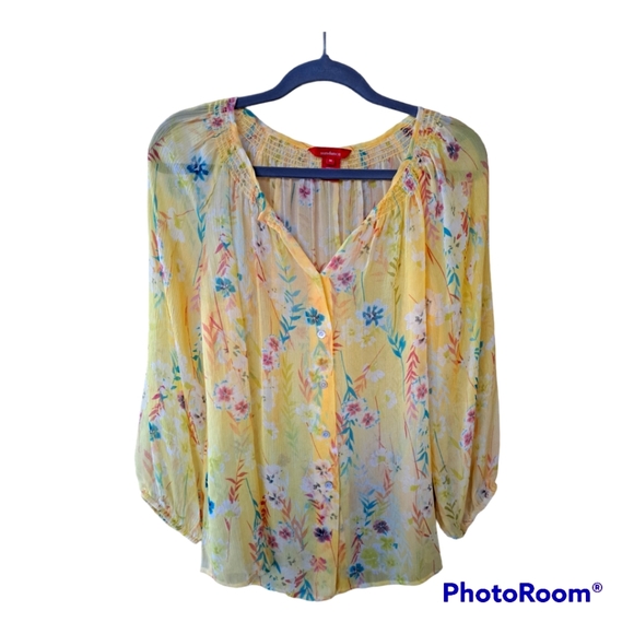 Sundance Tops - Sundance Sheer Yellow Floral Drapey Button Down Blouse 3/4 sleeves